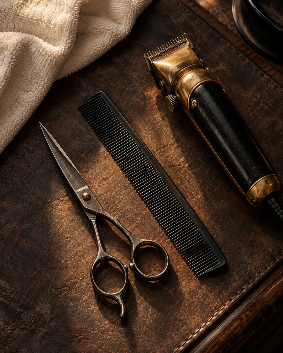 Editorial still life of brass clippers, steel scissors, a comb, and an ivory towel on leather.